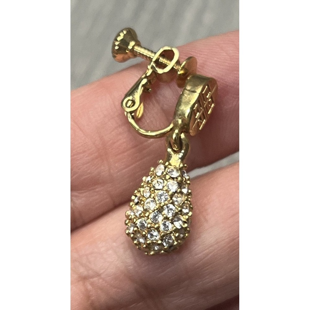 Givenchy Gold Tone 4G Logo Clip-On Earrings Pave Clear Rhinestone Teardrop - Picture 8 of 10